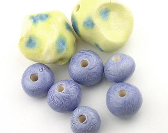 yellow beads, blue beads, ceramic beads, stoneware beads, bead set, nugget beads, round beads, beads for jewelry, pottery beads, blue dots