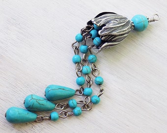 Handmade tassel, beads tassel, floral tassel turquoise tassel, silver blue, boho tassel, boho findings, bohemian findings, blue silver boho