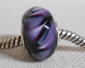 Handmade Glass Lampwork European Charm Bracelet Bead Large Hole Bead Black with Purple Swirls