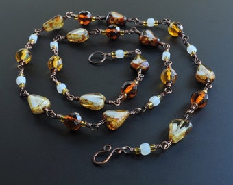 Golden Honey Amber Czech Glass Handcrafted Wire Wrapped Necklace