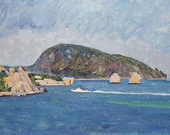 VINTAGE ORIGINAL SEASCAPE Oil Painting by Soviet Ukrainian artist V.Kolesnik 1975, Mountain landscape, Marine, Impressionist art Old picture