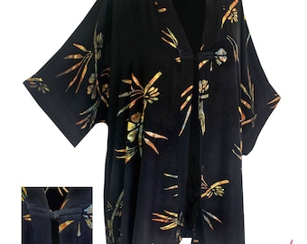 Kimono Art Wear Cardigan in Black Batik with Chinese Knot Closure and Back Neck Collar, Over Size Caftan Kimono Jacket XL-2X and 2X-4X