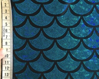 Mermaid foil print lycra spandex (Colour: Teal/Blue foil/BLACK base cloth)