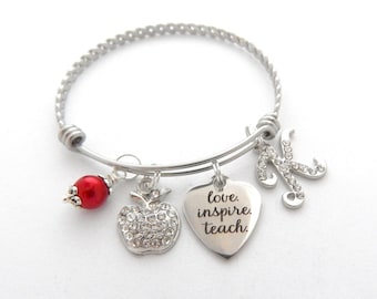 TEACH Love INSPIRE TEACHER Gift, teacher bracelet, Gifts for Teachers, Teacher Bangle, End of year gift, Gift from student, apple charm