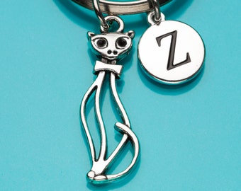 Cat Keychain, Cartoon Cat Key Ring, Cat Charm, Animal Charm, Initial Keychain, Personalized Keychain, Custom Charm Keychain, 896