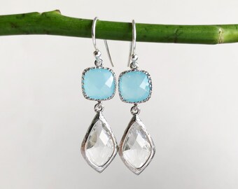 Clear Crystal Glass Drop Earrings, Sterling Silver Ear Hooks, Modern Aqua Blue Framed Glass Jewels Earrings, Simple Everyday Jewellery