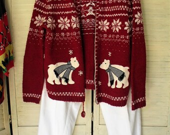 Fair Isle Jacket/ Croft&Barrow Size Large/ Deep Red-White Zip Jacket/ Silk-Wool-Acrylic-Ramie Jacket/ Thrifted Couture/ Shabbyfab Funwear