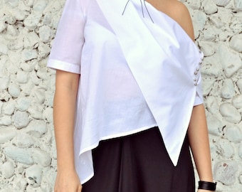 Extravagant White Top, Asymmetrical White Top, Deconstructed White Blouse, Elegant Summer Blouse TT83 by TEYXO