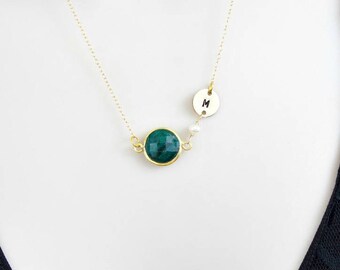 Initial Necklace, Birthstone Necklace, Custom Necklace, Emerald Necklace, Stone Necklace, Gold, Sterling Silver, May Birthstone Jewelry,