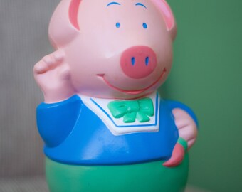 vintage toy, toy Roly Lardy SA, toy rocking pig painter, kids room decoration, old toy, made in France, rocking toy