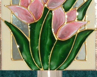 Pink Tulips Decor Flower Night Light Plug In Stained Glass Tulips Bathroom Night Light Tulips Wall Art Tulips Art Nightlights Wall Decor