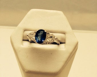 Art Deco style sterling silver ring engagement size 7 sapphire blue cz white cubic zirconia 925 vintage filigree