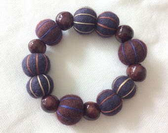 Brown Purple Felt Bracelet, Ceramic Bead Bracelet, Chunky Bangle Bracelet, Wool Felt Jewelry