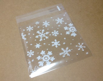 Set of 25, 50 - Christmas Snowflake Cello Bags -10cm x 10cm Resealable Cello Bags - Clear Cellophane, Plastic Packaging, Self Adhesive