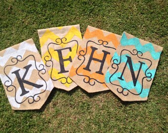 Burlap Yard Flag Chevron Scroll and Initial Your Choice Color