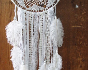 Large white doily dream catcher, white crochet dream catcher, boho white wall hanging, boho wedding decor, crochet wall hanging, boho chic