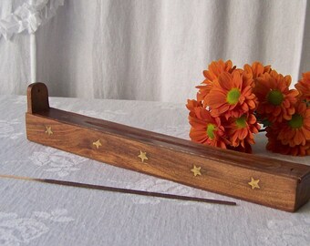 Vintage Wood Incense Holder India Brass Accent Includes Incense Sticks 1990s