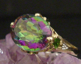 Huge 14k Gold 15 Ct Mystic Fire Topaz Green Chrome Diopside Diamond Ring Size 10 Designer SF