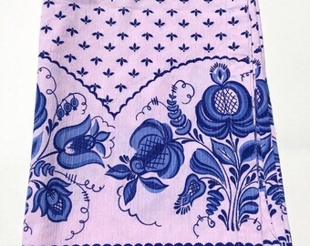 Linen Tablecloth- Russian Gzhel Pink and Blue Floral Tablecloth Vintage Picnic Blanket
