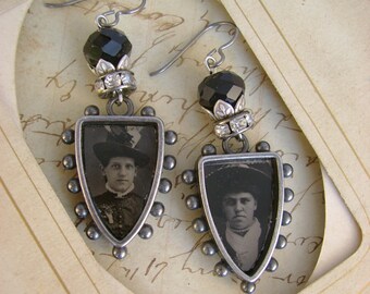 Sisters - Antique 1870s Tintype Photographs Hobnail Bezels Rhinestones Black Beads Niobium Wires Recycled Repurposed Assemblage Earrings