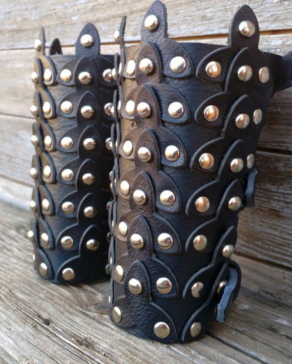 Reenactment Black Scaled Leather Bracers with Nickel Spots