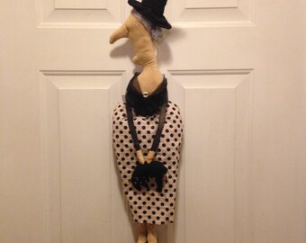 Primitive Halloween Witch with Black Cat Doll or Hanging, Handmade Halloween Witch Doll
