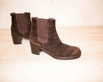 Vintage 90s Chelsea Boots, 1990s Suede Leather Boots, Brown, Block Heel, Platform, Made in Italy