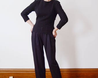 Fitted 1950s Black Wool Beaded Sweater - S/M