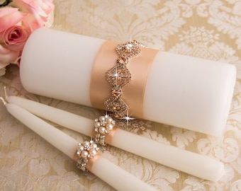 Rose Gold Crystal Unity Candles Set, Blush Wedding Candles, Rose Gold Wedding Unity Candle Set, Rose Gold Wedding Candle Set