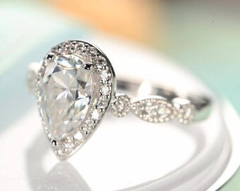 6*9mm Pear shaped engagement ring 14k gold Moissanite vintage Antique Milgrain Art deco Half Eternity Halo Wedding Bridal Set gift for women
