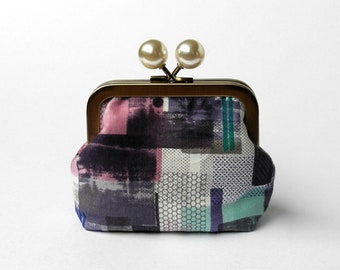 Coin Purse, Small Purse, Clasp Wallet, Kisslock Pouch, Jewelry Pouch, Bobble Metal Frame, Loyalty Card Holder, Organizer, Purple Geometric