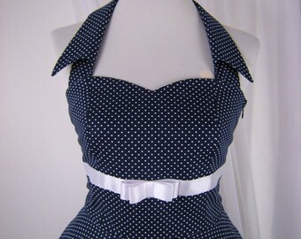 Rockabilly dress with collar, petticoat dress, neckholder dress, plate skirt, cotton dress, 50s dress, dress, blue, white