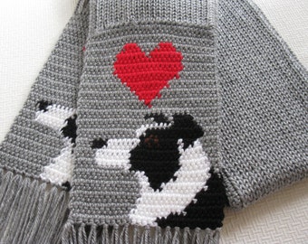 Border Collie Scarf. Grey crochet and knit scarf with border collie dogs and red hearts. Knit dog scarf. Border collie gifts