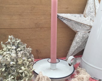 French Vintage Enamel Candlestick Holder - White Enamelware - Chippy Candlestick Holder - Traditional French Candle Holder - Rustic French