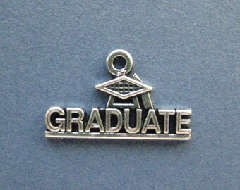 10 Graduate Charms - Graduate Pendants - Graduation Charms - Graduation - Graduate - Antique Silver - 22.3mm x 13.7mm -- (No.28-10518)
