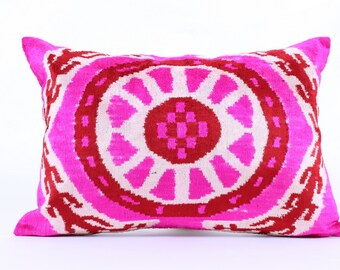 Ikat, Velvet, Pillow Cover, Uzbek, Soft, Ikat, Pink, Pillow, Velvet Pillow, Decorative Throw Pillow Cover, Accent Velvet,