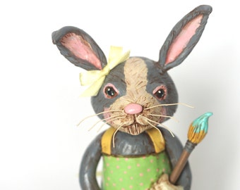 Spring Bunny paint brush apron and eggs folk art sculpture from polymer clay