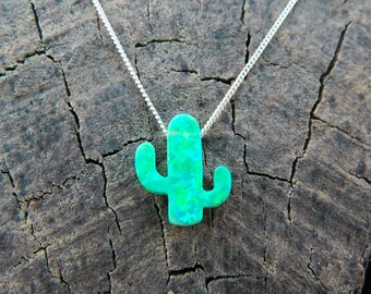 Opal necklace, opal Cactus necklace, green opal necklace, opal silver necklace opal jewelry Cactus necklace, opal jewelry october birthstone