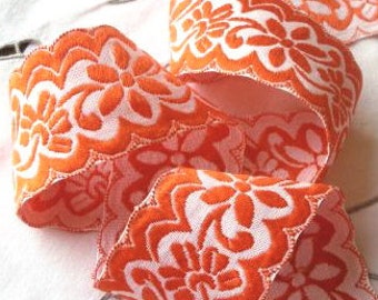 Vintage Woven Ribbon - 2" Orange and White - fp26 - Scalloped Edges