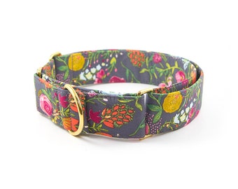 Floral Martingale Collar // Size M-XL // Adjustable Length // Fabric: Vibrant Flower Bouquet on Pewter
