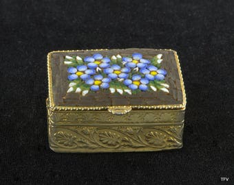 Italian Micro Mosaic Box, Pill Box, Keepsake Box, Bluebell Flowers, Tiny Ceramic Tiles