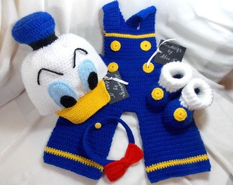Donald Duck costume,hat Donald Duch,crocheted booties,baby boys'clothing,costume for photo props,newborn costume