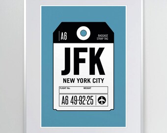 New York City, NY. JFK Airport. Luggage Tag Art. Airport Code Poster. New York Print. Aviation Wall Decor. A3. 11x14.