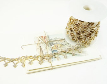 Diamond Gold Rhinestone Trim, Rhinestone Chain, Wedding Rhinestone Applique, Gold Clear Crystal Trim, 25mm ( 1 Feet Qty)