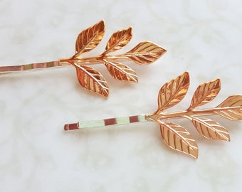 Rose Gold Leaf Branch Bobby Pins, Hair Pins, Woodland Rustic Nature Garden Wedding Hair Bridal Party Bridesmaids