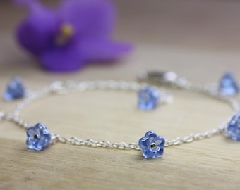 Forget me not Bracelet, Forget-me-not bracelet, sterling silver and blue glass flowers, adjustable length