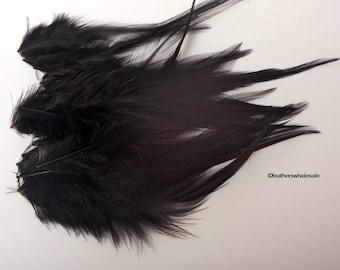 Rooster Feathers for Crafts Jet Black Colored Rooster Saddle Black Craft Feathers Boho Art Supplies Mask Making Feathers Indie Supplies, 24