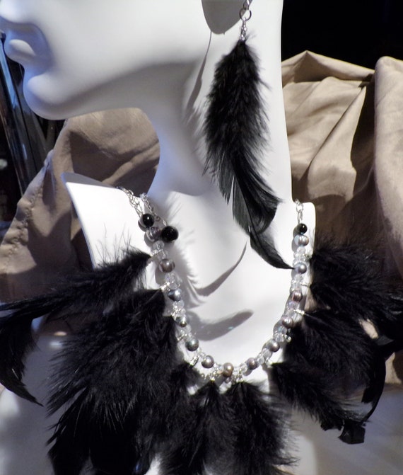 Raven at night.....Black feathered jewelry suite
