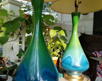 Vintage mid century modern set of lamps blue green shades
