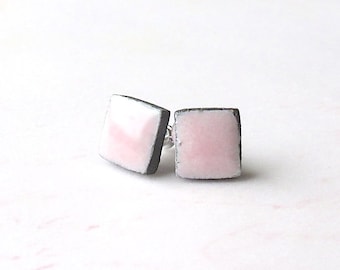 SALE! Small Pink Earrings. Petite Earrings. Squares. Black Porcelain Clay. Petal Pink. Black & Pink. Post Earrings. Surgical Steel. Simple
